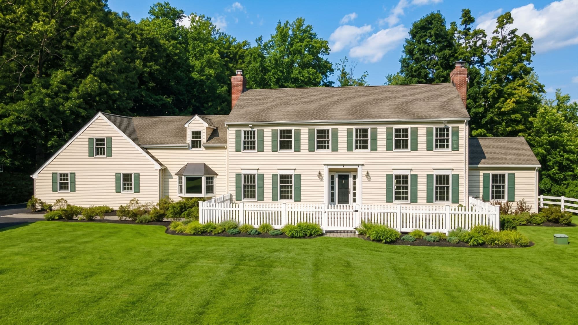 A cream New Jersey colonial home with green shutters, a white picket fence and a striped front lawn