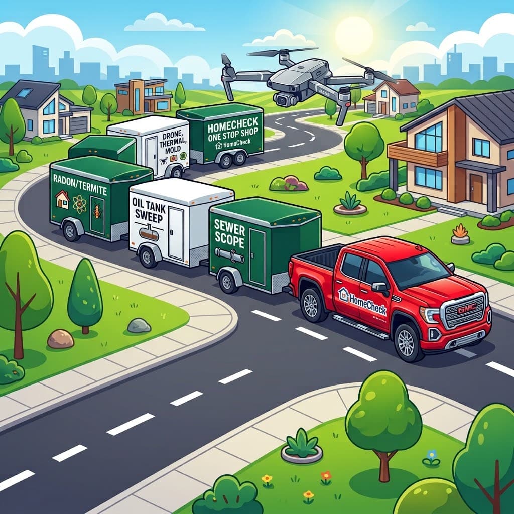 The red HomeCheck truck towing trailers for radon and termite, oil tank sweep, sewer scope, and drone, thermal and mold testing